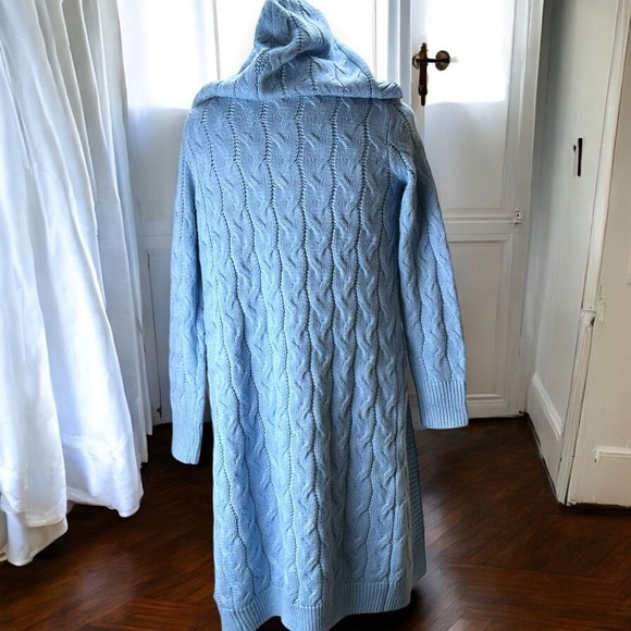 Cable Knit Long Open Cardigan Sweater Sky Blue Size Small Pockets Hooded Acrylic - Picture 4 of 5